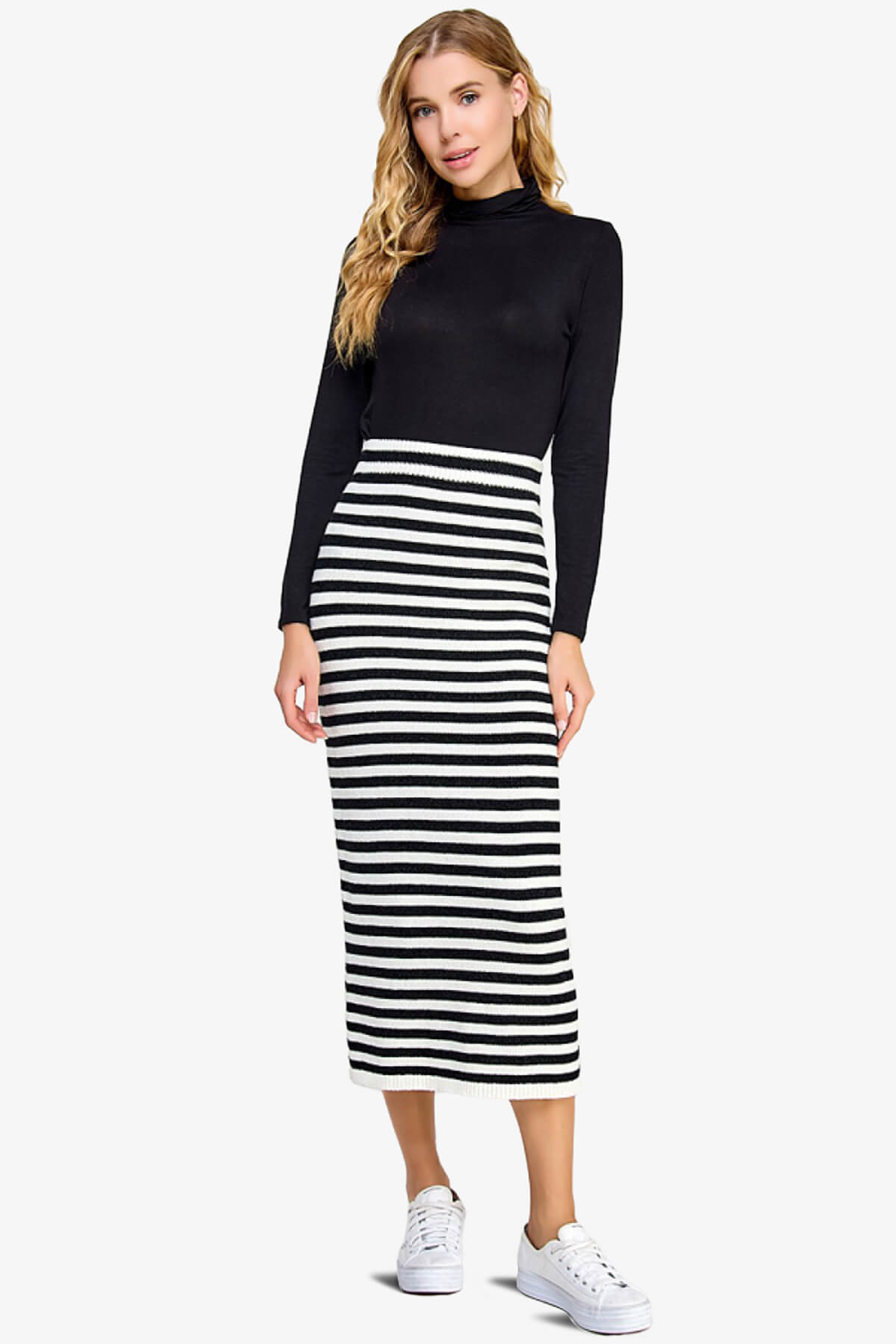 TheMogan Women's Striped Knit Midi Skirt High Waist Bodycon